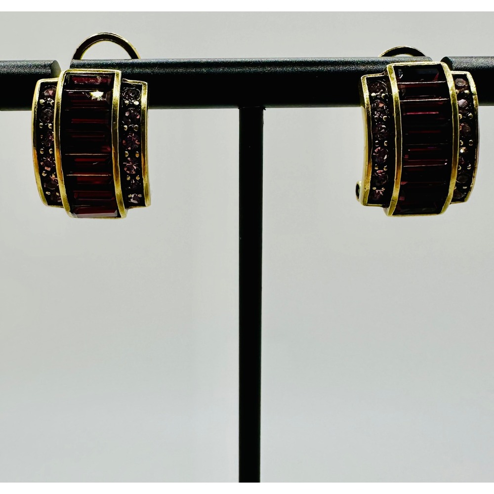 Heidi Daus Bronzetone Baguette Amethyst Crystal Art Deco Omega Hoop Earrings - Picture 6 of 7